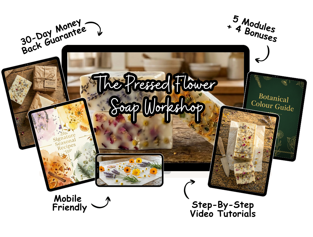 The Pressed Flower Soap Workshop shown on laptop, tablet, and phone with bonus materials