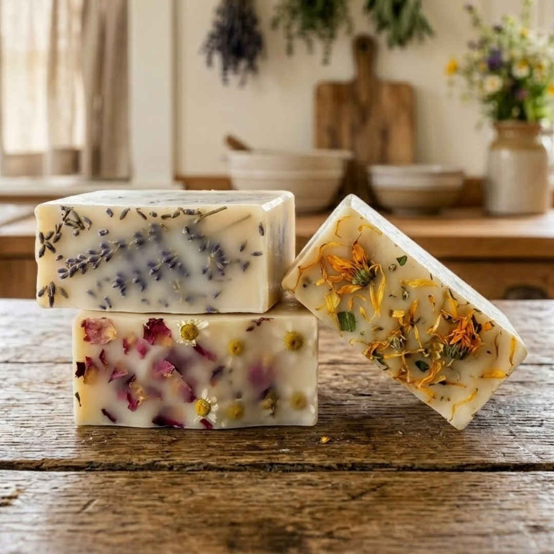Four botanical soap bars with lavender, rose petals, and calendula on a rustic wood table