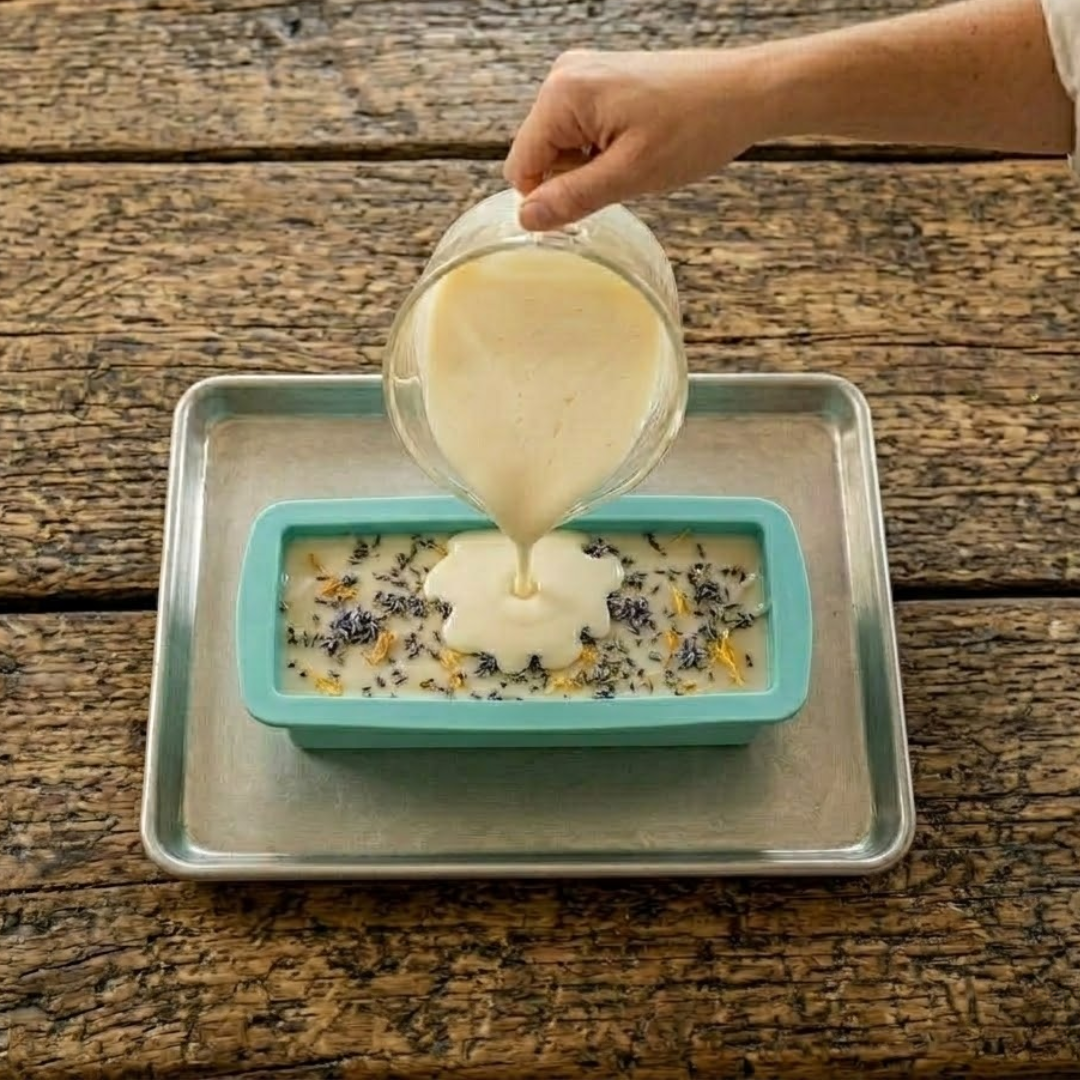 Hand pouring melted soap into a teal silicone mold with botanicals