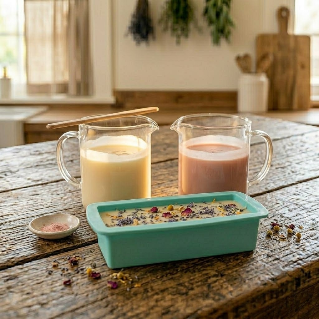 Two pitchers of colored soap bases with a mold of flowers on a rustic wood table