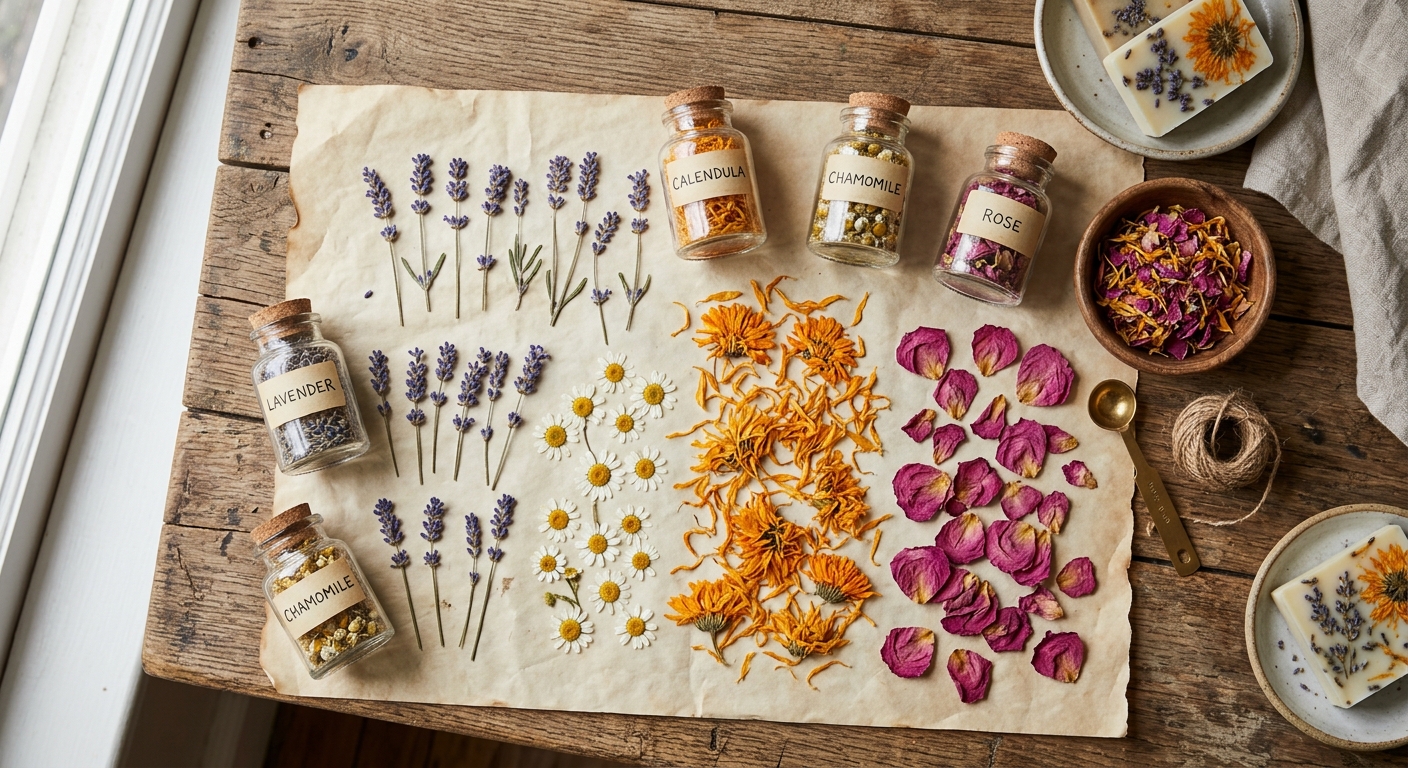 Dried and pressed botanicals sorted on parchment paper: lavender, calendula, chamomile, and rose petals in labeled jars
